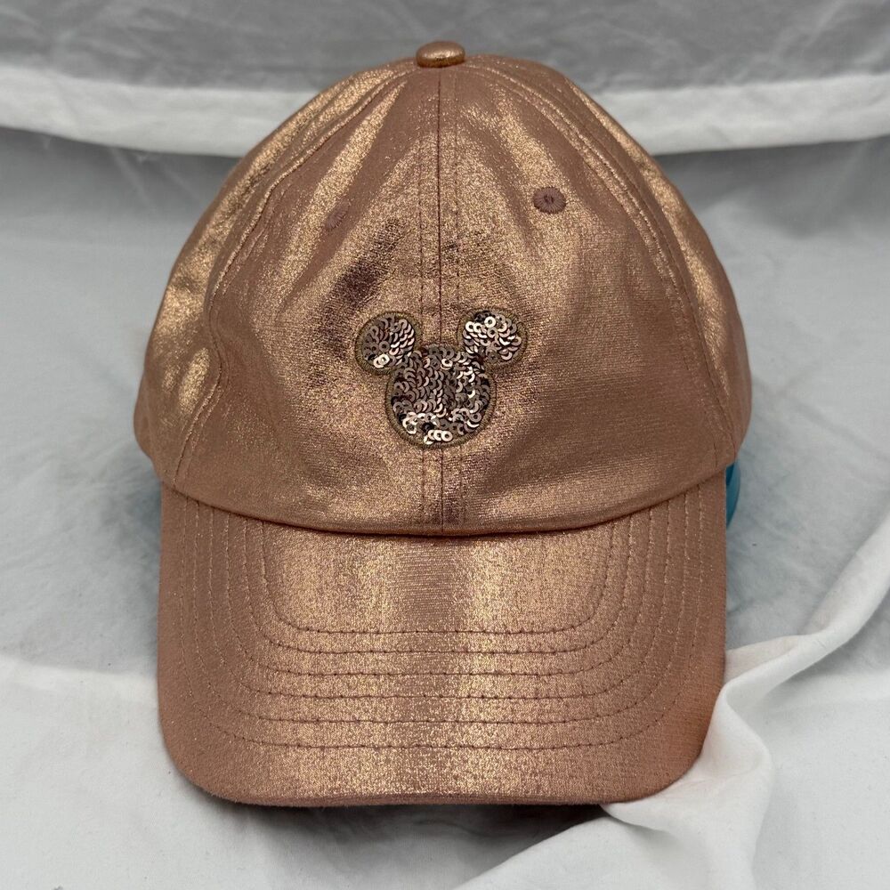 Disney Parks Rose Gold Mickey Hat Metallic Sequin Ears Logo Adjustable Cap Adult